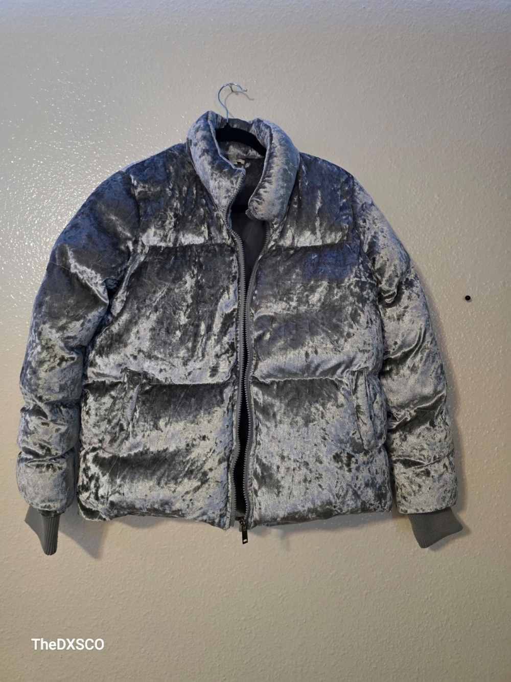 silence + noise Crushed Velvet Puffer Jacket - Silver